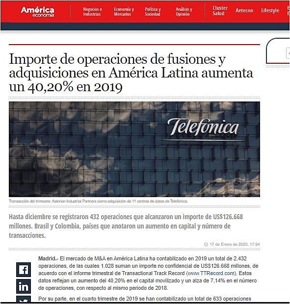 Importe de operaciones de fusiones y adquisiciones en Amrica Latina aumenta un 40,20% en 2019